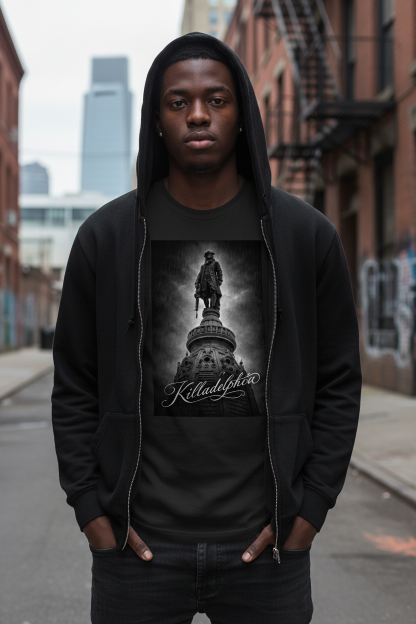 Black male model with plain black hoodie showing Killadel Black shirt